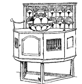 WASHING STAND IN WHITE ENAMEL-TILES AND CROCKERY IN BLUE AND WHITE DESIGNED BY M. H. BAILLIE SCOTT